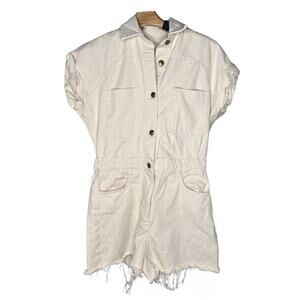 Zara Off-White Denim Jacket Button Front Romper Jumpsuit Neutral Raw Hem